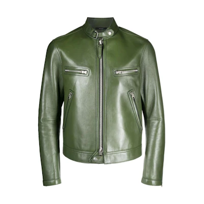TOM FORD Solid Color Leather Zip-Up Long-Sleeve Jacket Green - LXR005LMN003S23-FG850