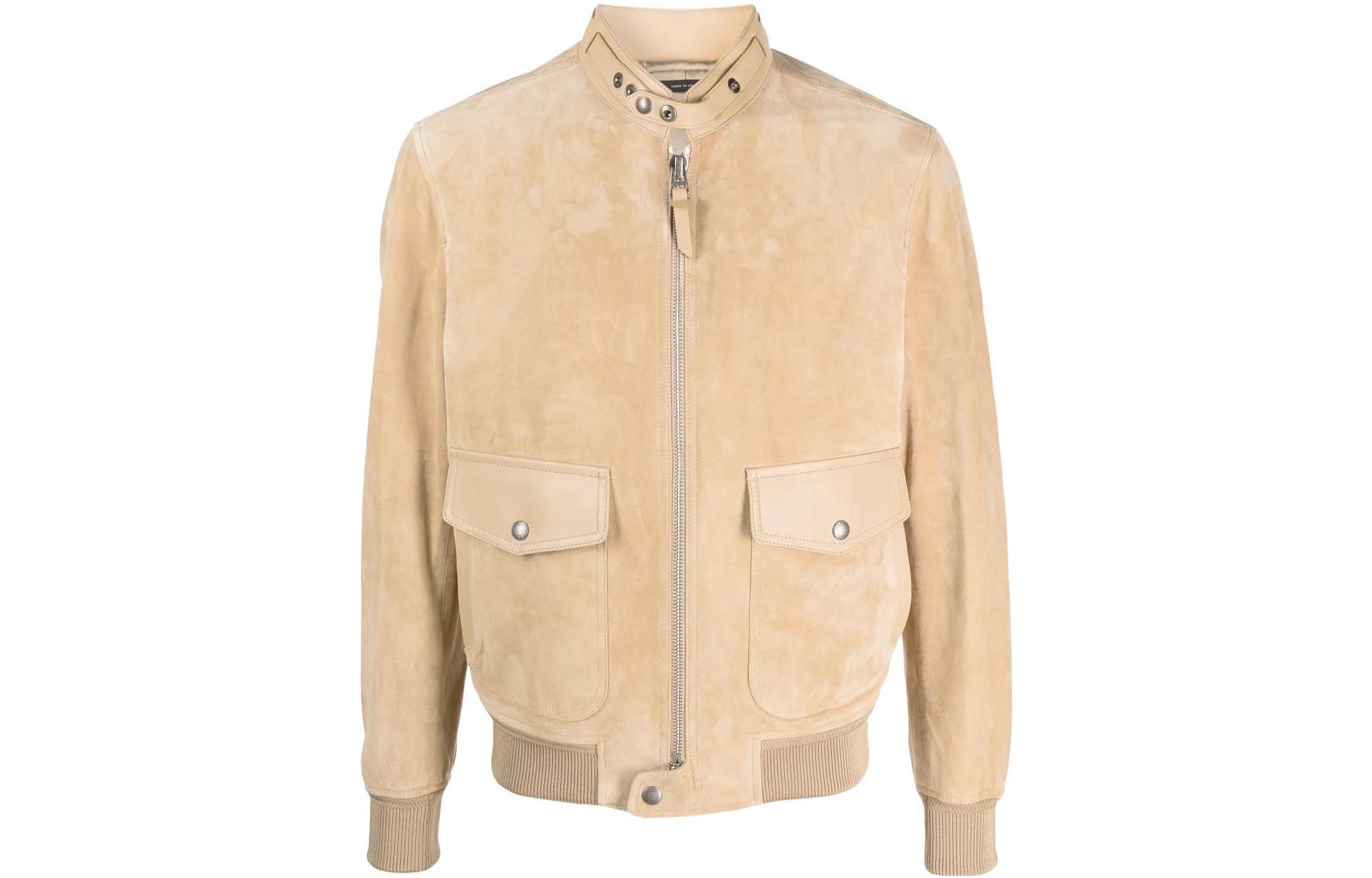 TOM FORD Solid Zip-Up Stand Collar Jacket Khaki Color LBS006LMS005S23JB255