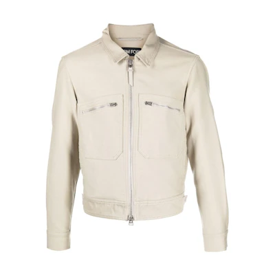 TOM FORD SS23 Beige Solid Color Zipper Jacket with Collar OBS003FMC002S23JB180