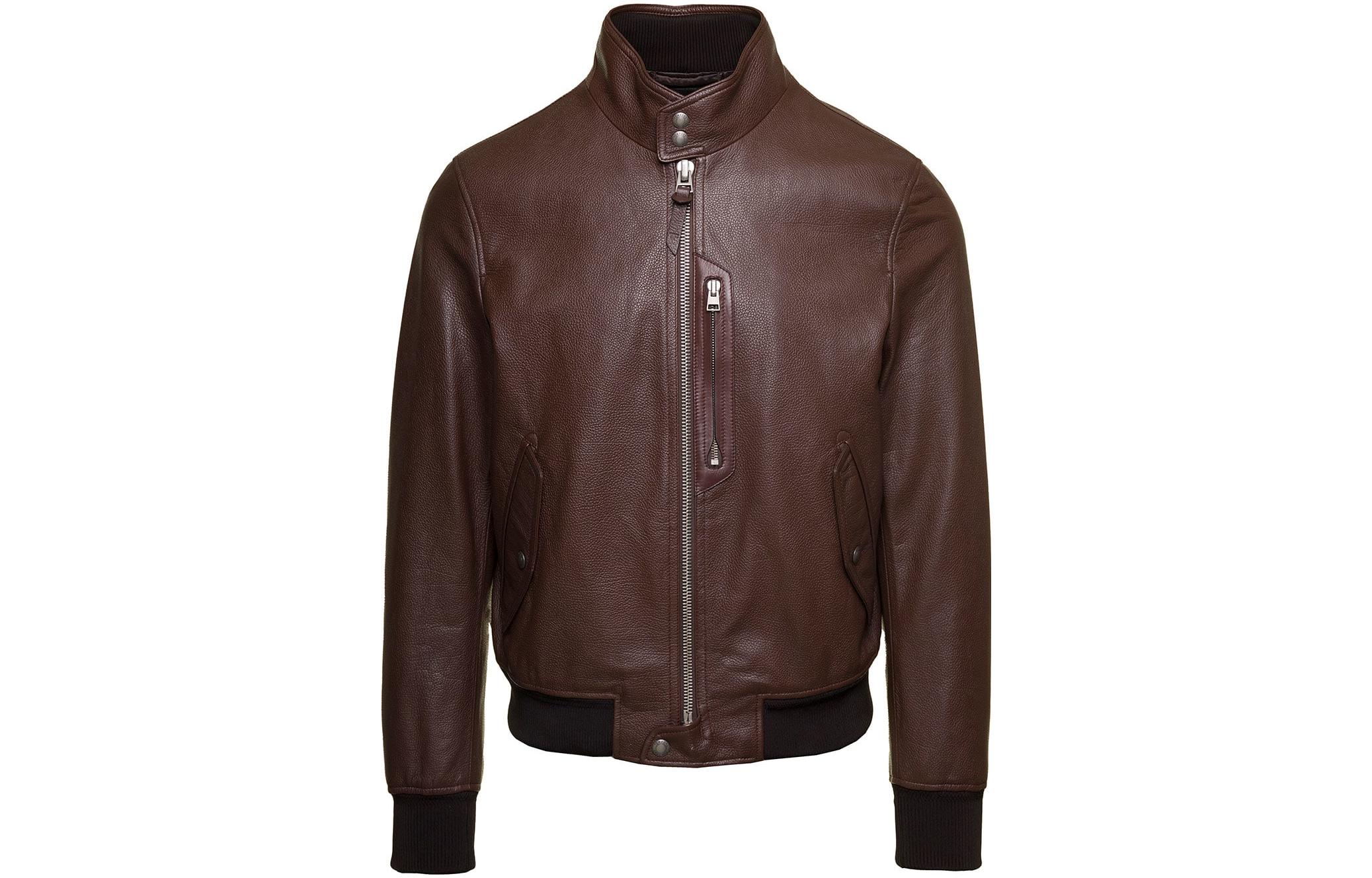 TOM FORD SS23 Brown Leather Stand Collar Jacket LBG001LMG004S23KB530
