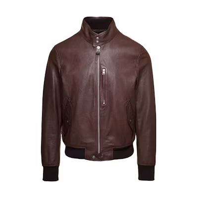 TOM FORD SS23 Brown Leather Stand Collar Jacket LBG001LMG004S23KB530