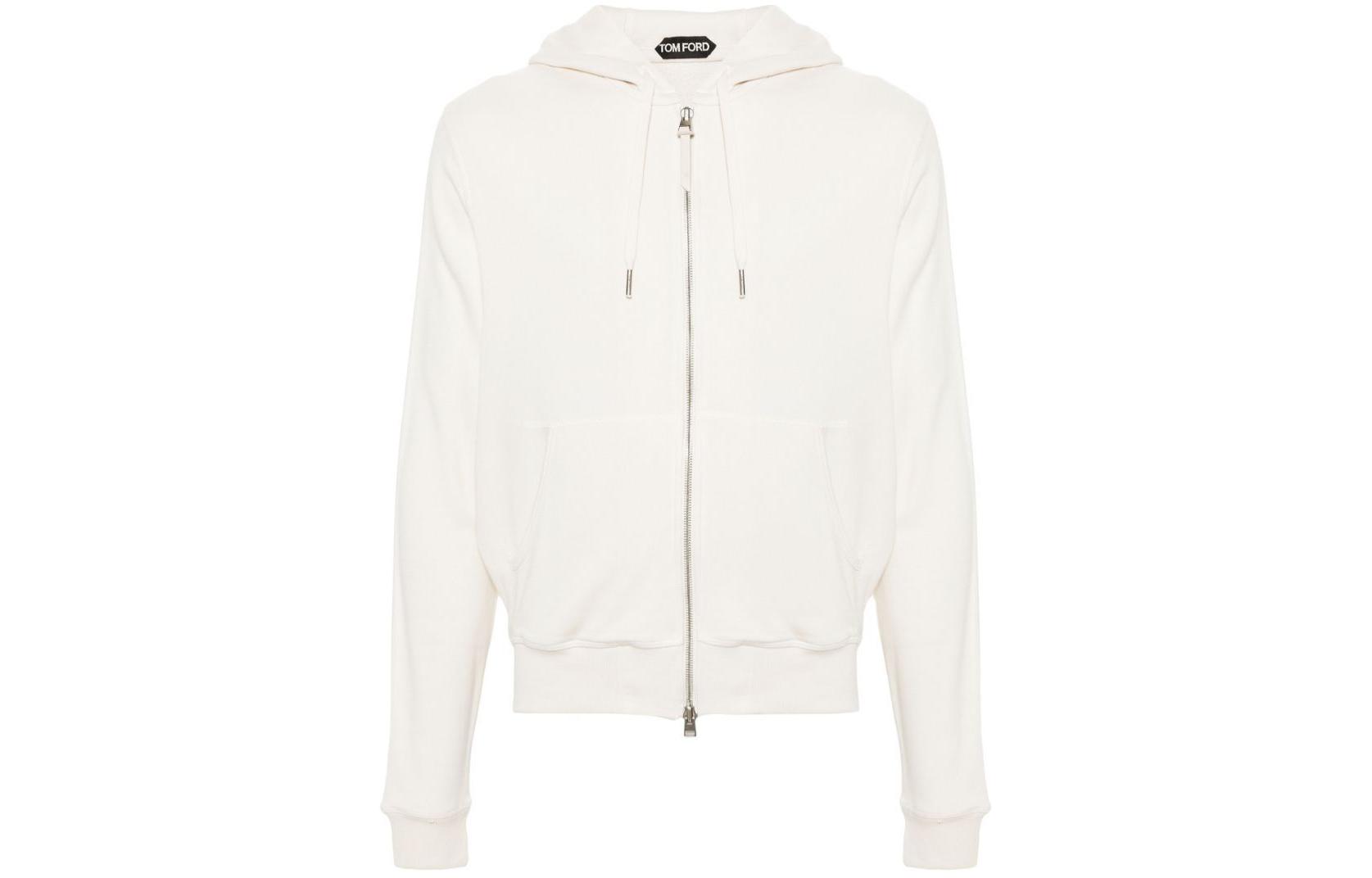 TOM FORD SS24 Logo Patch Zip-Up Hoodie Ivory White Long Sleeve JDL011JMD003S24AW004