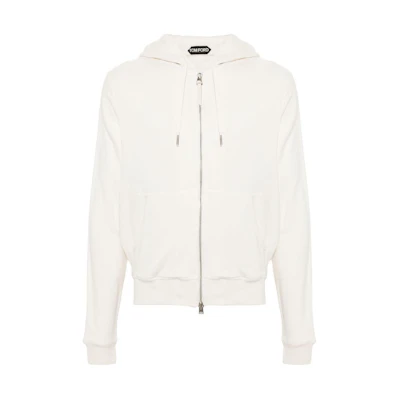 TOM FORD SS24 Logo Patch Zip-Up Hoodie Ivory White Long Sleeve JDL011JMD003S24AW004