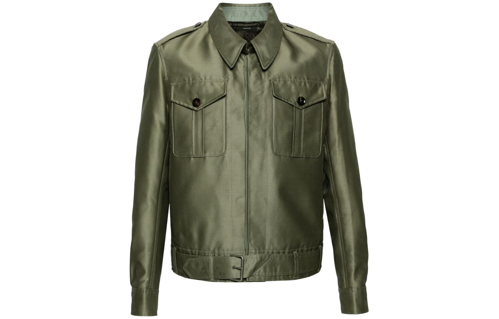 TOM FORD SS24 Solid Ivy Green Relaxed Fit Belted Long-Sleeve Jacket OBS031FMW027S24