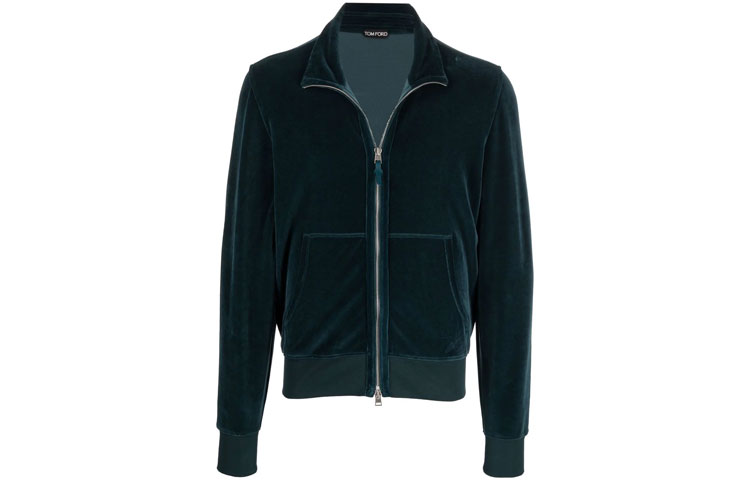 TOM FORD TF FW21 Solid Velvet Pleated Zip Jacket Blue TFJ231BY289-T08