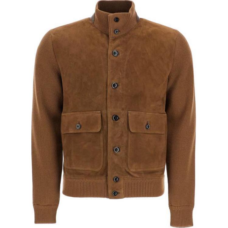 TOM FORD TF Solid Color Suede Knit Button-Up High-Collar Jacket Men Brown KBF001YMW050F24-JB700