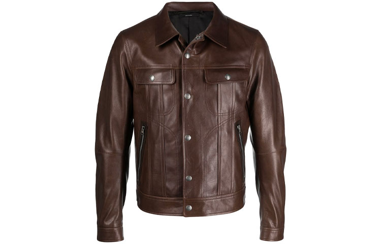 TOM FORD TF SS21 Glossy Logo Leather Jacket Brown Mens Long Sleeve BW486TFL853M05