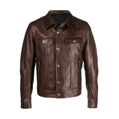 TOM FORD TF SS21 Glossy Logo Leather Jacket Brown Mens Long Sleeve BW486TFL853M05