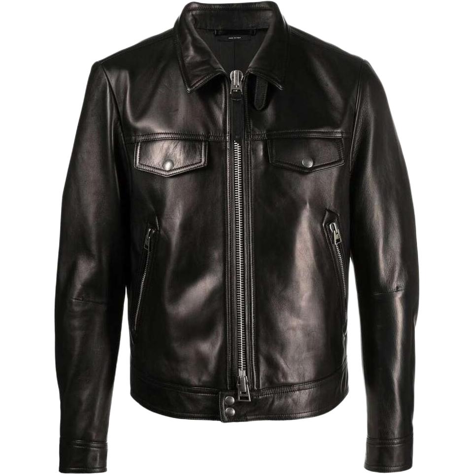 TOM FORD TF SS22 Black Leather Zip-Up Jacket with Solid Collar Design TFL968BA408-K09