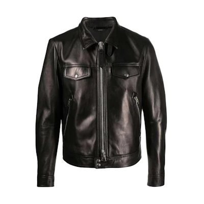 TOM FORD TF SS22 Black Leather Zip-Up Jacket with Solid Collar Design TFL968BA408-K09