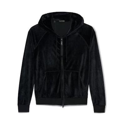 TOM FORD TF SS22 Solid Velvet Raglan Hoodie Jacket Black TFJ265BZ205-K09