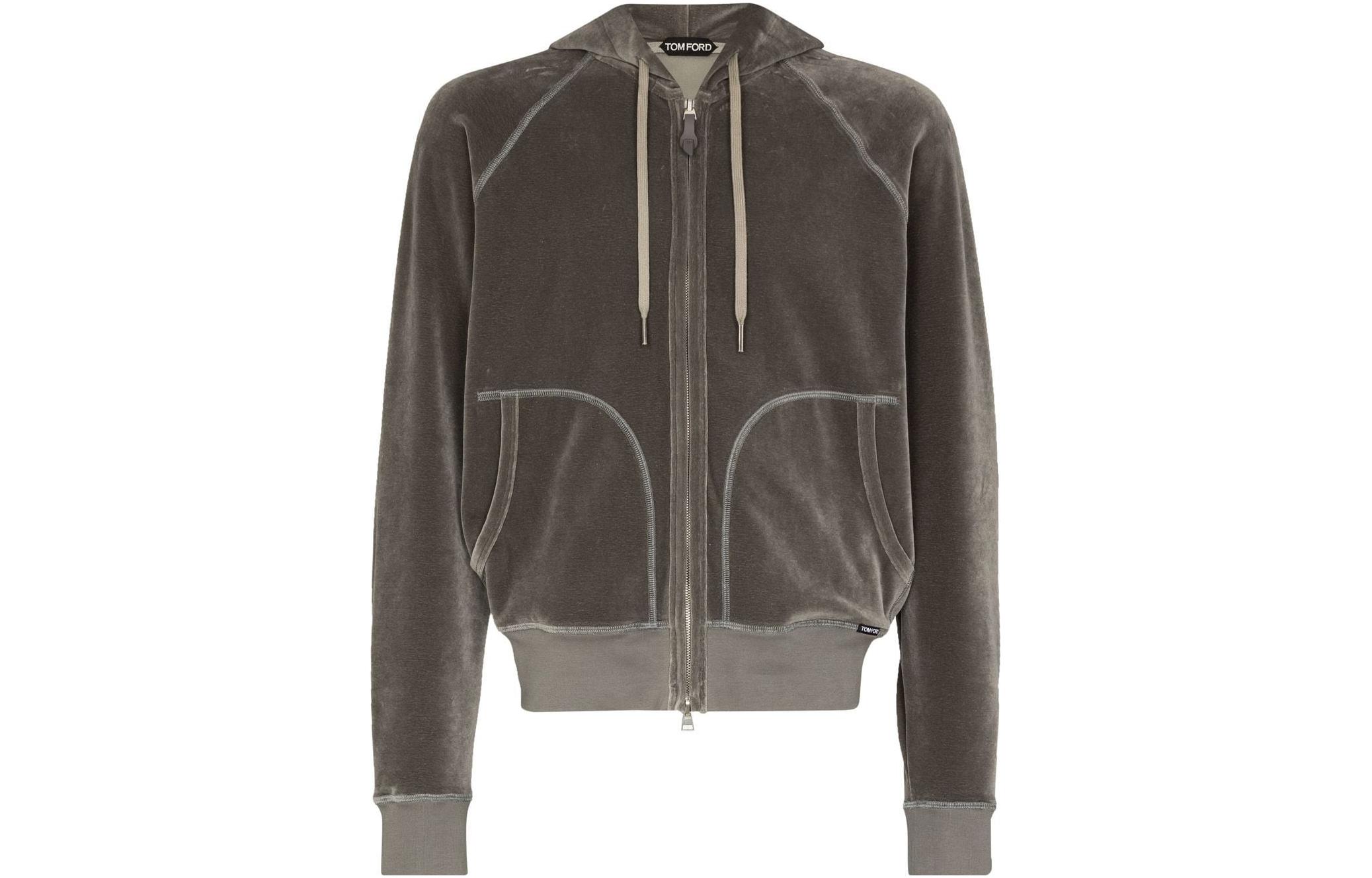 TOM FORD TF SS23 Solid Velvet Zip Hoodie Grey BZ289TFJ228-K04