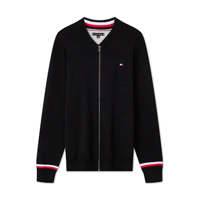 Tommy Hilfiger Baseball Collar Cardigan Knit with Colorblock Cuffs. 78J4973