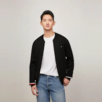 Sizing Tommy Hilfiger Baseball Collar Cardigan Knit with Colorblock Cuffs. 78J4973