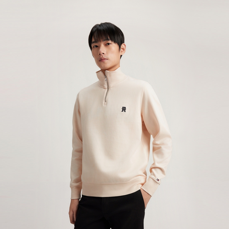 Shop 汤米希尔费格 米色刺绣半拉链针织休闲卫衣 MW0MW33647