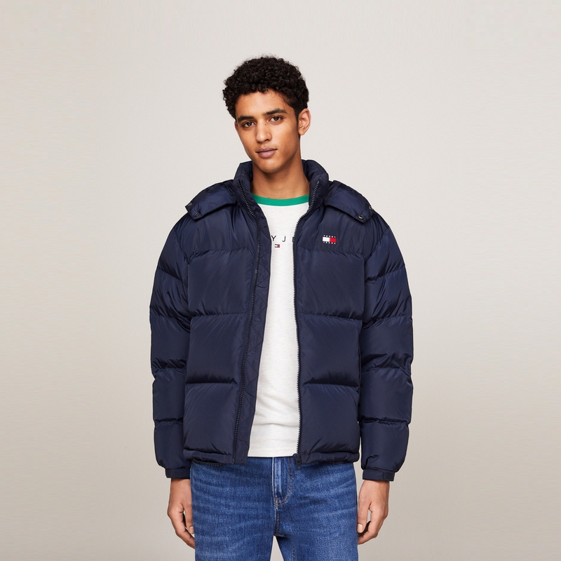 Shop 타미 힐피거 클래식 후드 루즈핏 다운 재킷 겨울용 따뜻한 코트 DM0DM19537