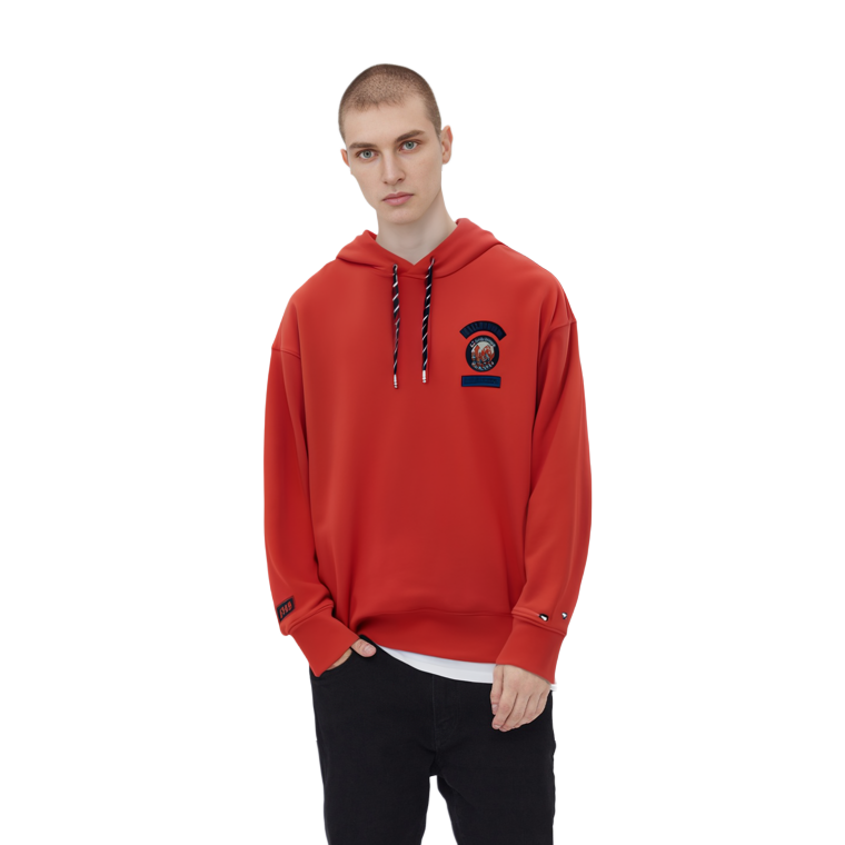 Sizing 汤米希尔费格刺绣徽章抓绒连帽衫亮红色 MW0MW32676