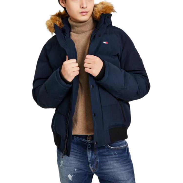 Shop 汤米·希尔费格 深蓝色刺绣标志连帽羽绒夹克. 159AP863-NAVY