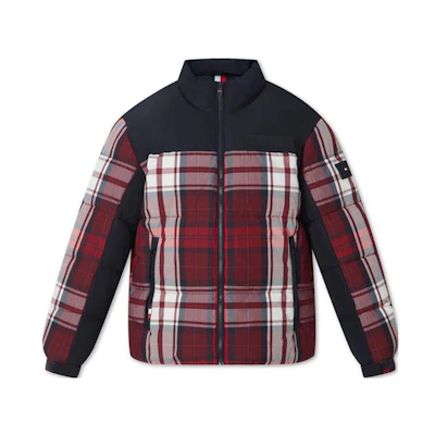 Tommy Hilfiger Navy Plaid Puffer Jacket with Stand Collar. MW0MW33432