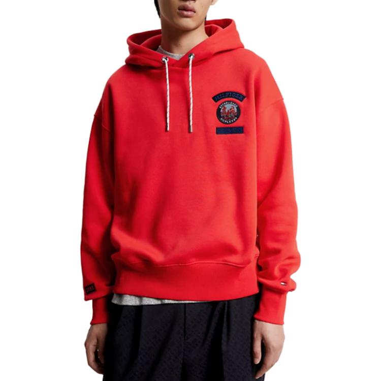 Shop Tommy Hilfiger 紅色標誌印花連帽衫 - 寬鬆版長袖衛衣 MW0MW32676SNE