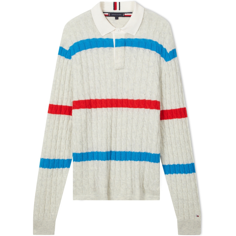 Tommy Hilfiger  Striped Knit Polo Sweater Gray Red Blue Combo. MW0MW33091
