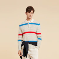 Shop Tommy Hilfiger Striped Knit Polo Sweater Gray Red Blue Combo. MW0MW33091
