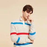 Sizing Tommy Hilfiger Striped Knit Polo Sweater Gray Red Blue Combo. MW0MW33091