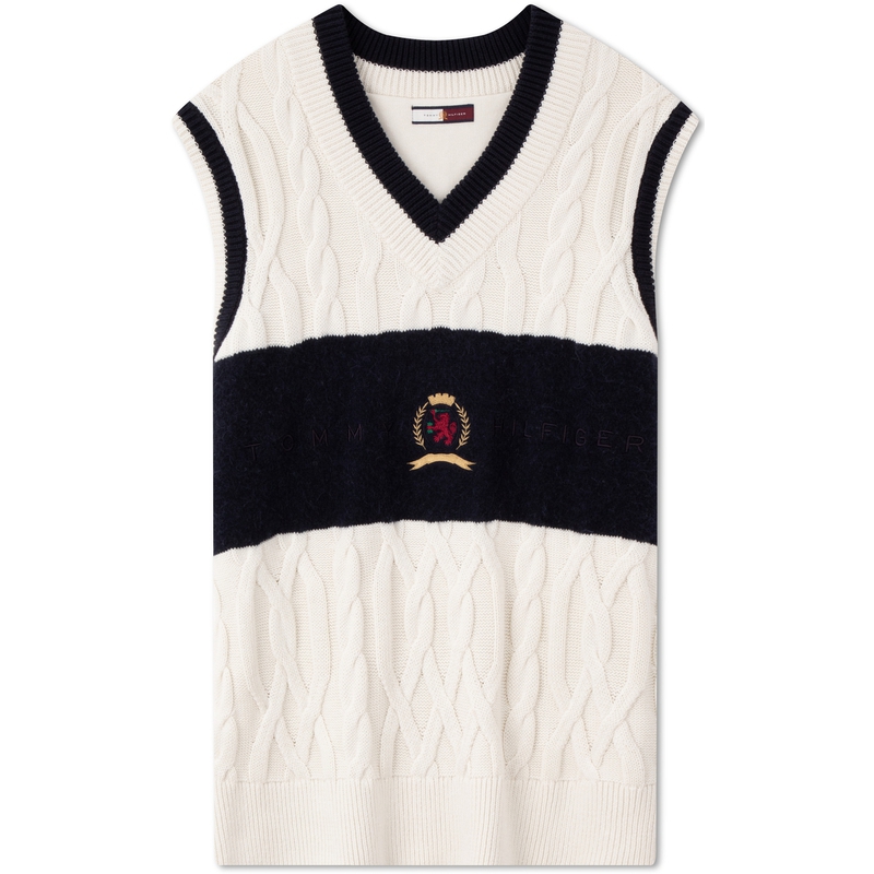 Tommy Hilfiger  Wool Blend Cable Knit V-Neck Sleeveless Sweater Blue White MW0MW36551