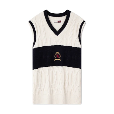 Tommy Hilfiger Wool Blend Cable Knit V-Neck Sleeveless Sweater Blue White MW0MW36551
