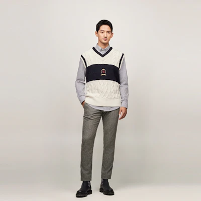 汤米·希尔费格 毛呢混纺V领无袖针织毛衣 蓝白色 MW0MW36551 Sizing 汤米·希尔费格 毛呢混纺V领无袖针织毛衣 蓝白色 MW0MW36551