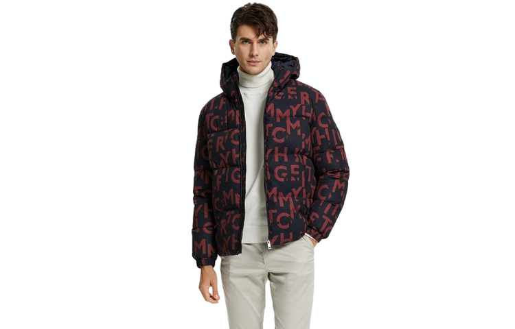 Tommy Hilfiger All-Over Logo Hooded Zip Jacket Red Black Pattern MW0MW20958-0GY