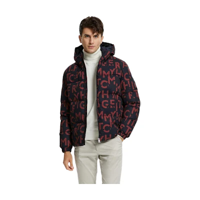 Tommy Hilfiger All-Over Logo Hooded Zip Jacket Red Black Pattern MW0MW20958-0GY