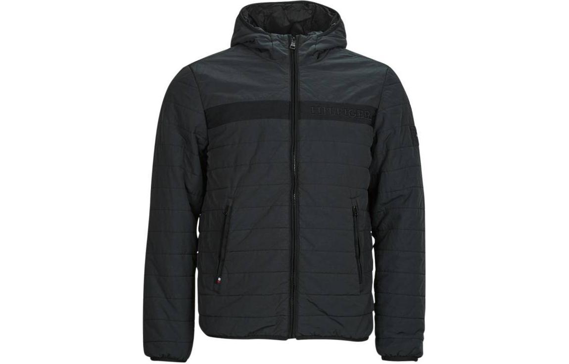 Tommy Hilfiger Black Logo Print Padded Hooded Jacket for Men MW0MW31639-BDS