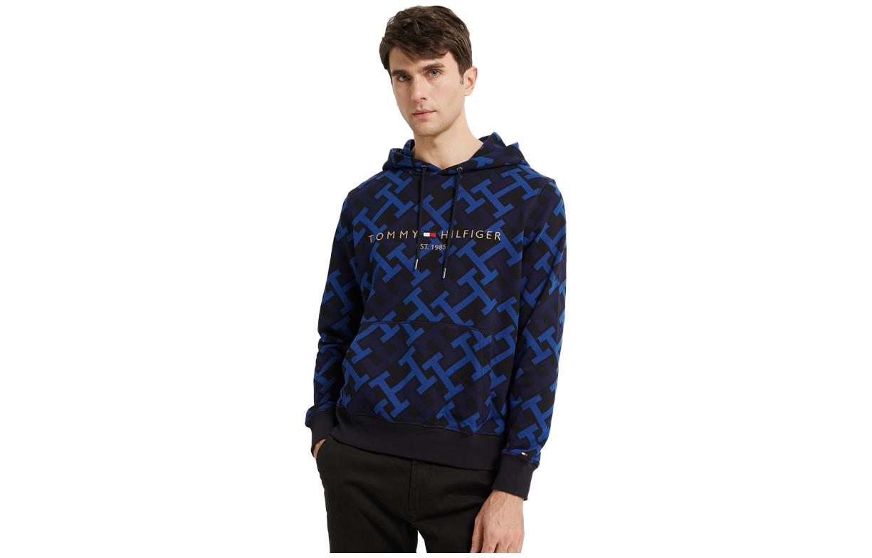 Tommy Hilfiger Blue Printed Cotton Hoodie with Embroidery & Drawstring MW0MW28769-0GY