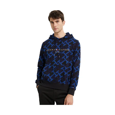 Tommy Hilfiger Blue Printed Cotton Hoodie with Embroidery & Drawstring MW0MW28769-0GY