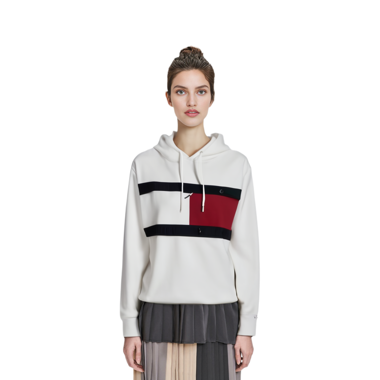 Shop Tommy Hilfiger 拼色刺繡連帽衫 男女休閒版 白色 78J9718