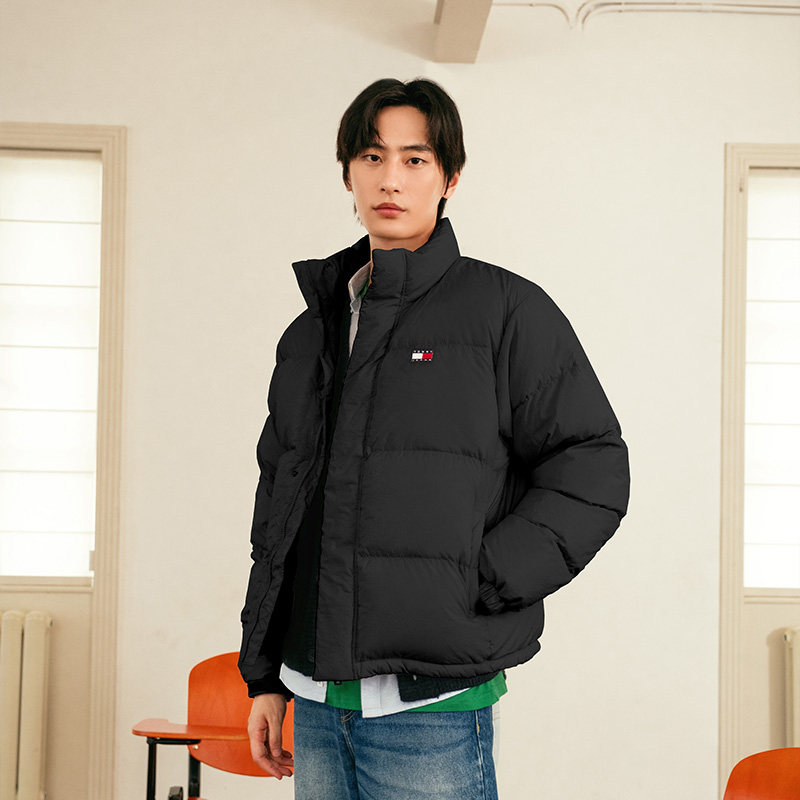 Shop 타미 힐피거 자수 후드 패딩 다운 재킷 유니섹스 90% 다운 웜 코트 DM0DM20374