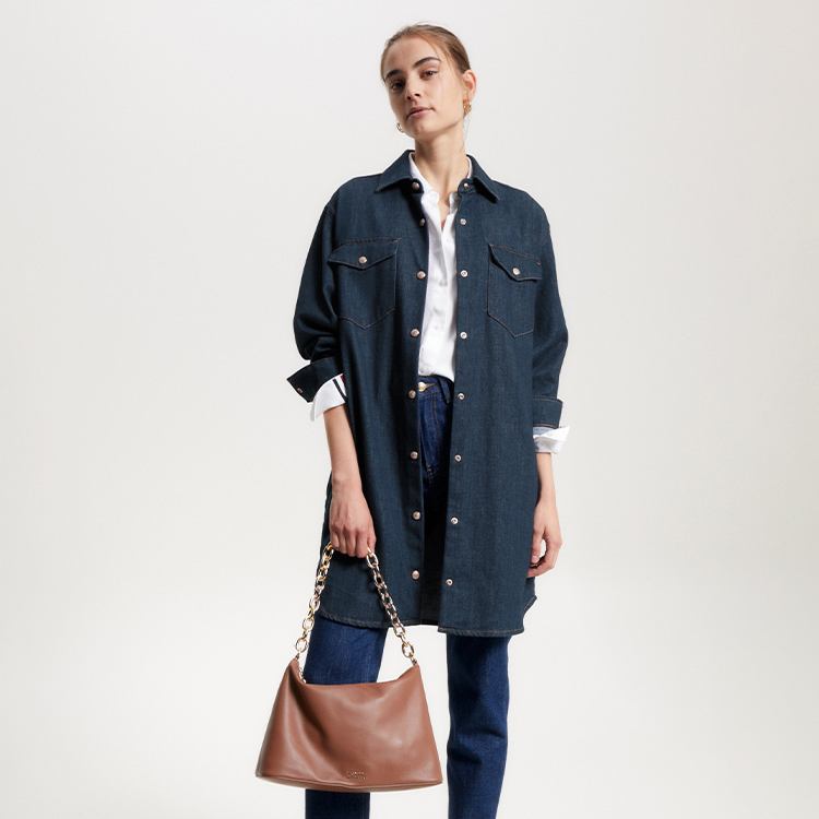 Shop 汤米·希尔费格 FW23 翻领长袖牛仔连衣裙 深海军蓝色. WW0WW39065