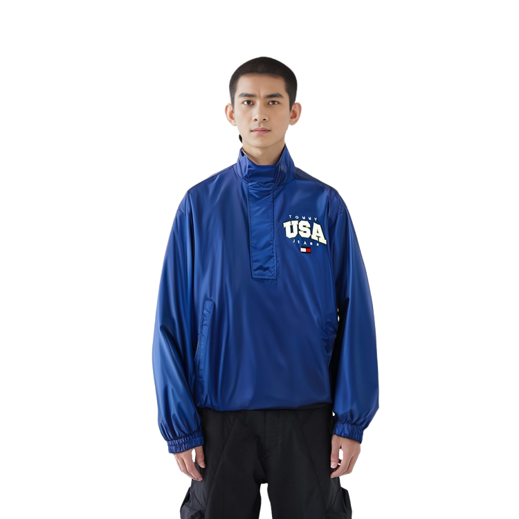 Cheap 타미 힐피거 글로시 로고 자수 풀오버 재킷 남성용 브라이트 블루 DM0DM15908C66
