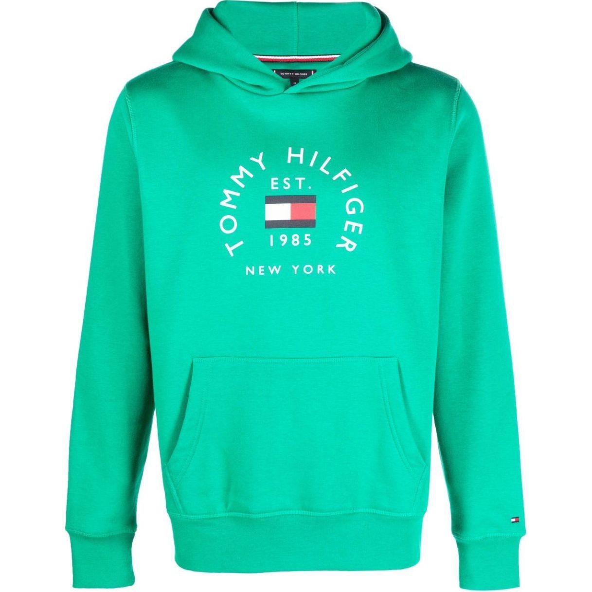 Tommy Hilfiger Green Hoodie with Logo Lettering Print and Straight Hem MW0MW27842-GREEN