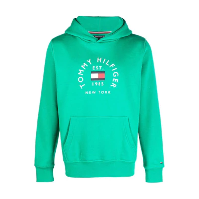 Tommy Hilfiger Green Hoodie with Logo Lettering Print and Straight Hem MW0MW27842-GREEN
