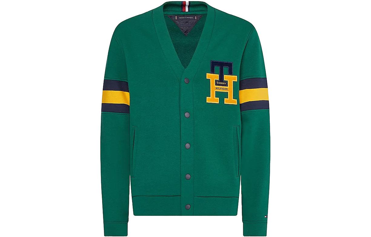 Tommy Hilfiger Green V-Neck Sweatshirt with Embroidered Logo MW0MW29333-L4O