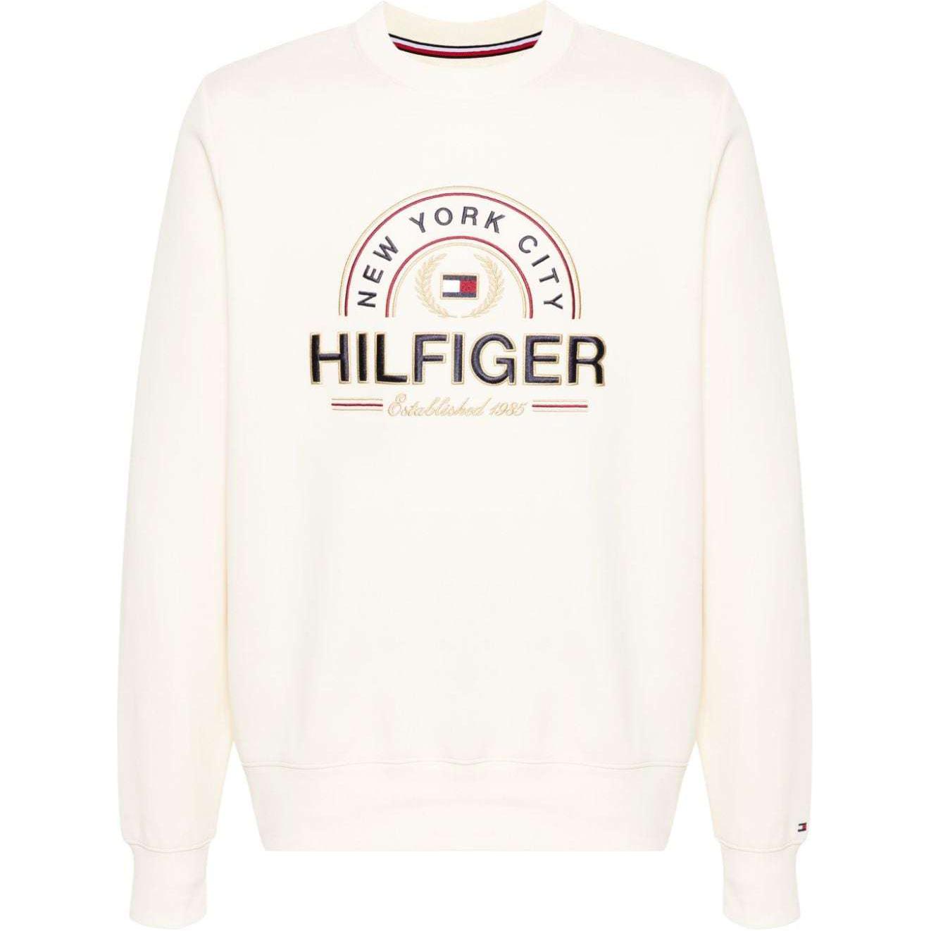 Tommy Hilfiger Logo Embroidered Crewneck Long Sleeve Sweatshirt Cream Mens MW0MW34411AEF