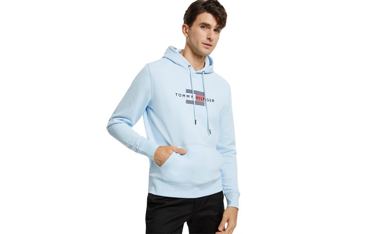 Tommy Hilfiger Logo Embroidered Drawstring Hoodie Men’s Light Blue MW0MW21030-CYR