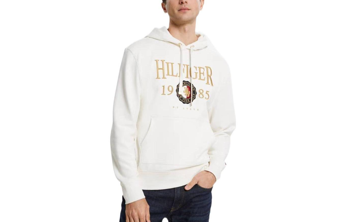 Tommy Hilfiger Logo Embroidered Fleece Hoodie Off-White MW0MW22355-YBI