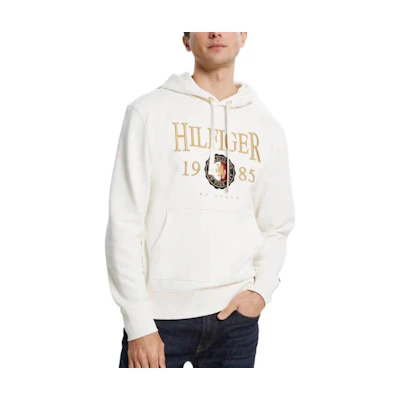 Tommy Hilfiger Logo Embroidered Fleece Hoodie Off-White MW0MW22355-YBI