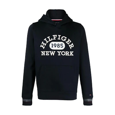 Tommy Hilfiger Logo Embroidered Hoodie Navy Blue - Straight Hem Design MW0MW32682-NAVY