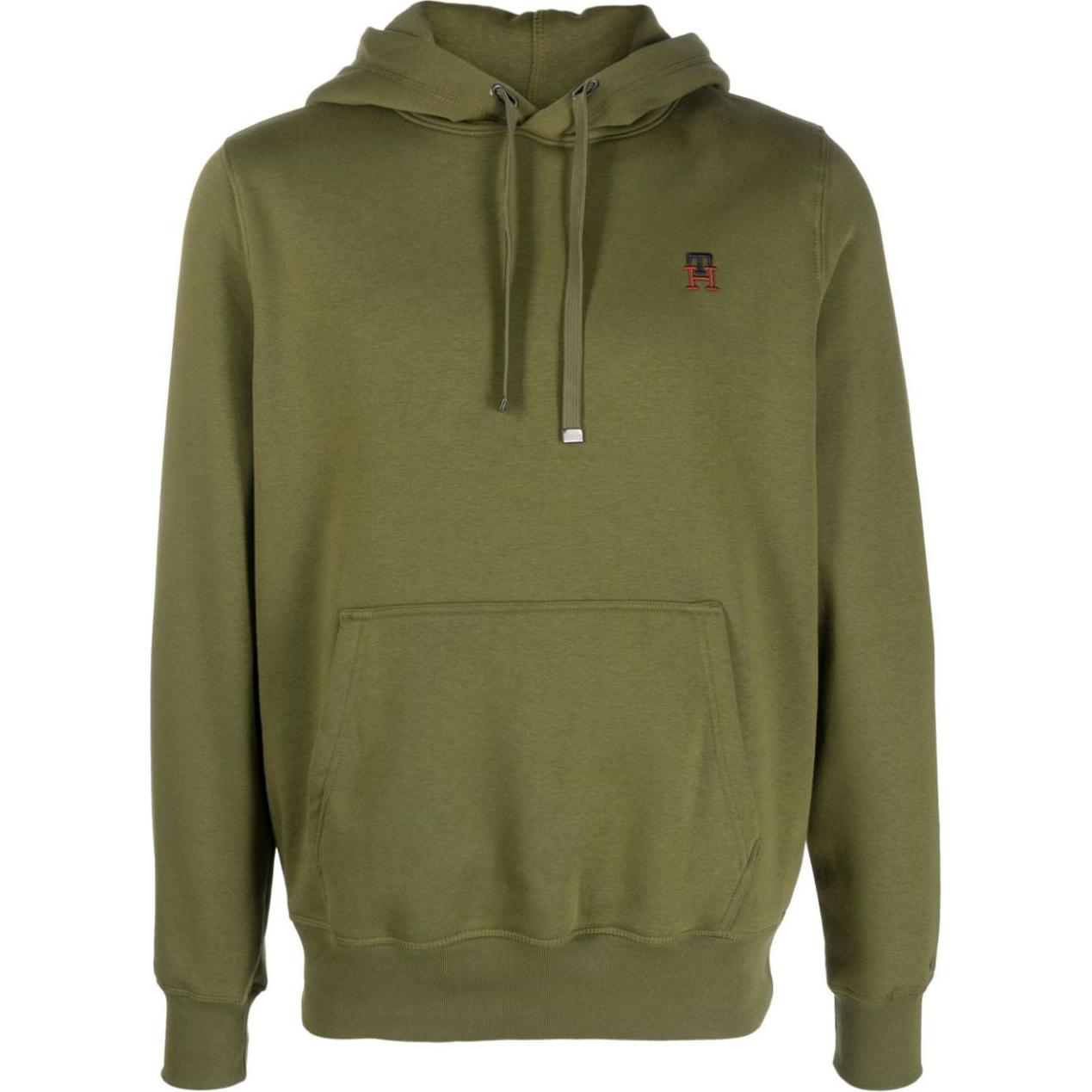 Tommy Hilfiger Logo Embroidered Olive Green Hoodie for Men with Back Logo Patch MW0MW29283-GREEN