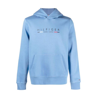 Tommy Hilfiger Logo Print Hoodie Ribbed Trim Sky Blue Sweatshirt MW0MW29301-BLUE