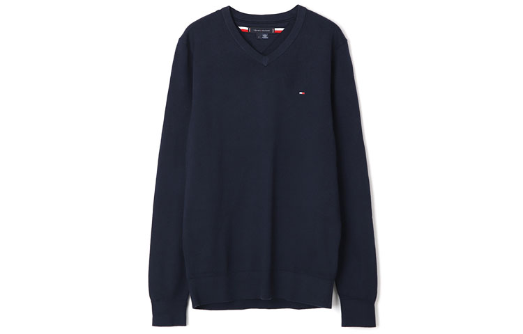 Tommy Hilfiger Logo V-Neck Pullover Sweatshirt Navy Blue - MW0MW14745-DW5
